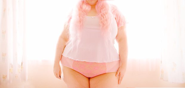 Cotton Candy Body Positive Blogger in Impish Lee lingerie and loungewear, customizable intimates, DIY